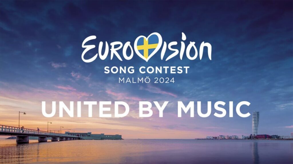 ESC 2024 - Slogan - United by Music - text written in white with a view of the city in the background