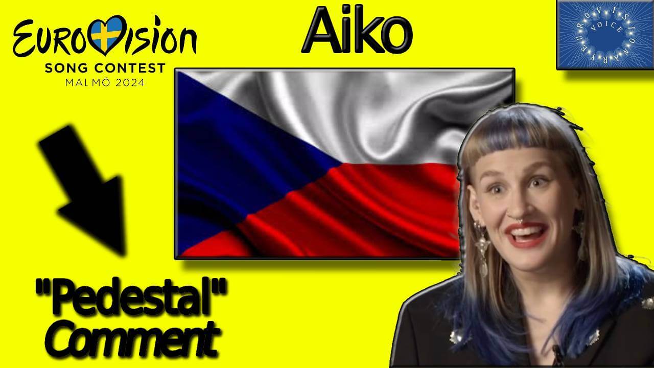 Czech flag in the centre and Aiko's face. Yellow background.