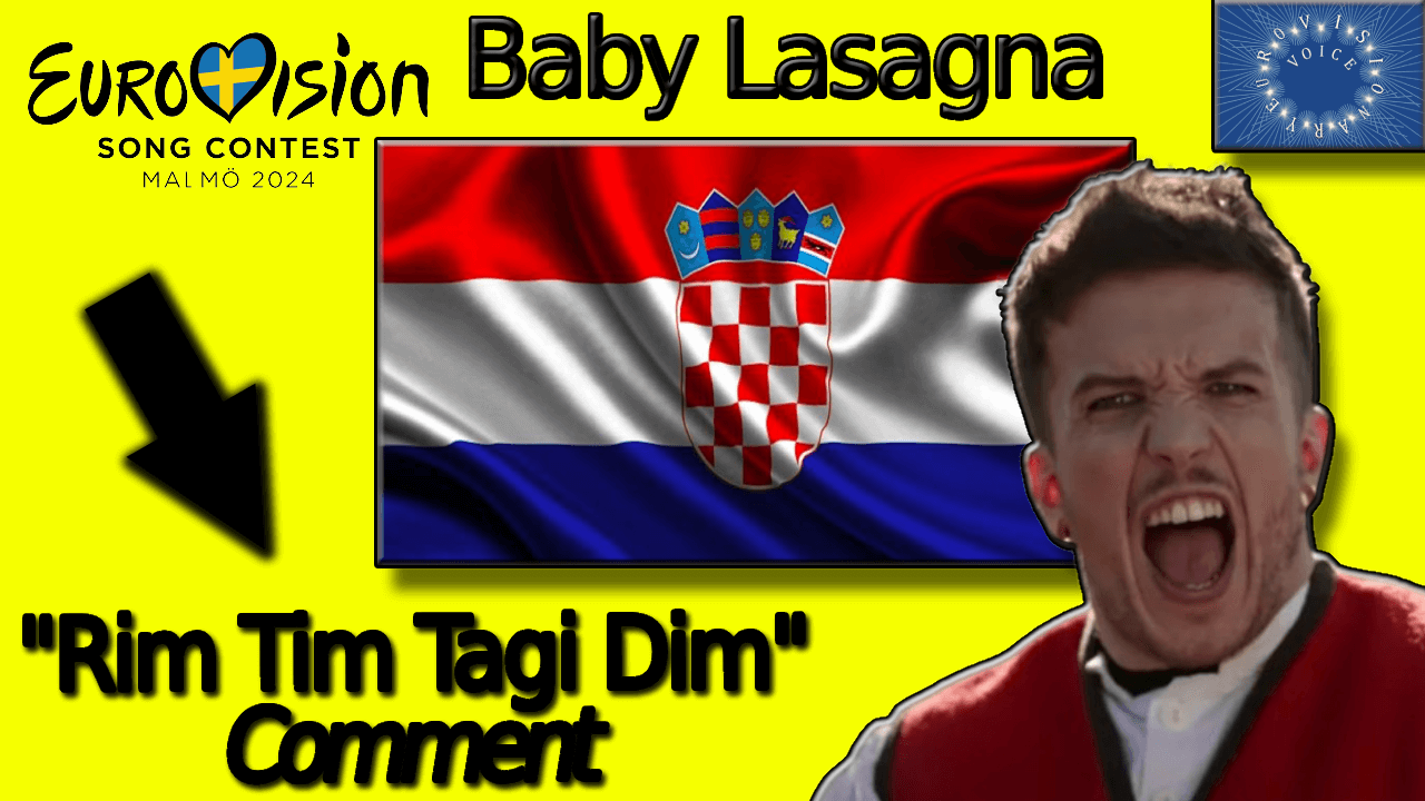 Baby Lasagna's face with the Croatian falg behind in the yellow background